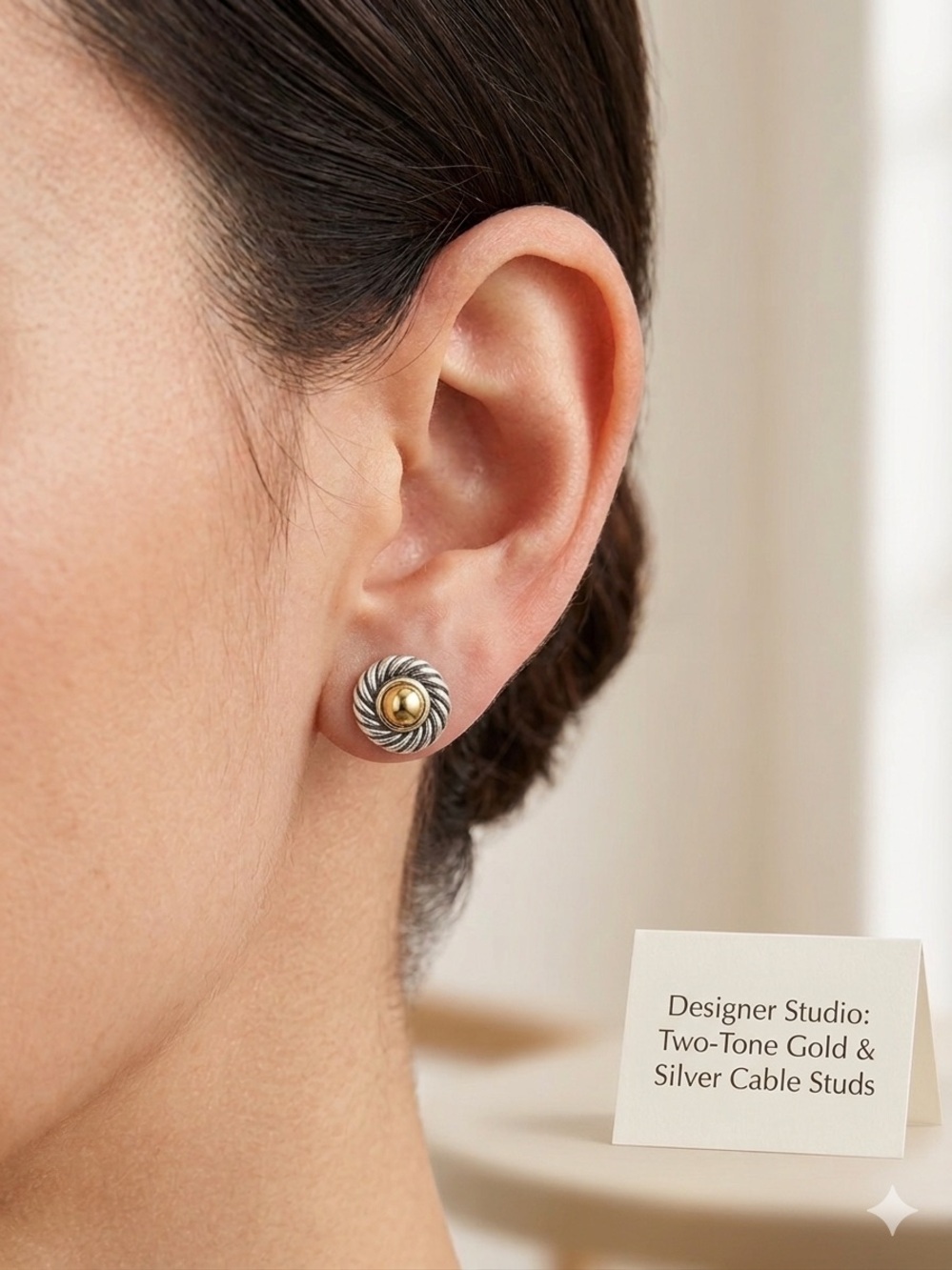 David Yurman Sterling Silver & 14K Gold Cable Dome "Cookie" Stud Earrings - Picture 2 of 6